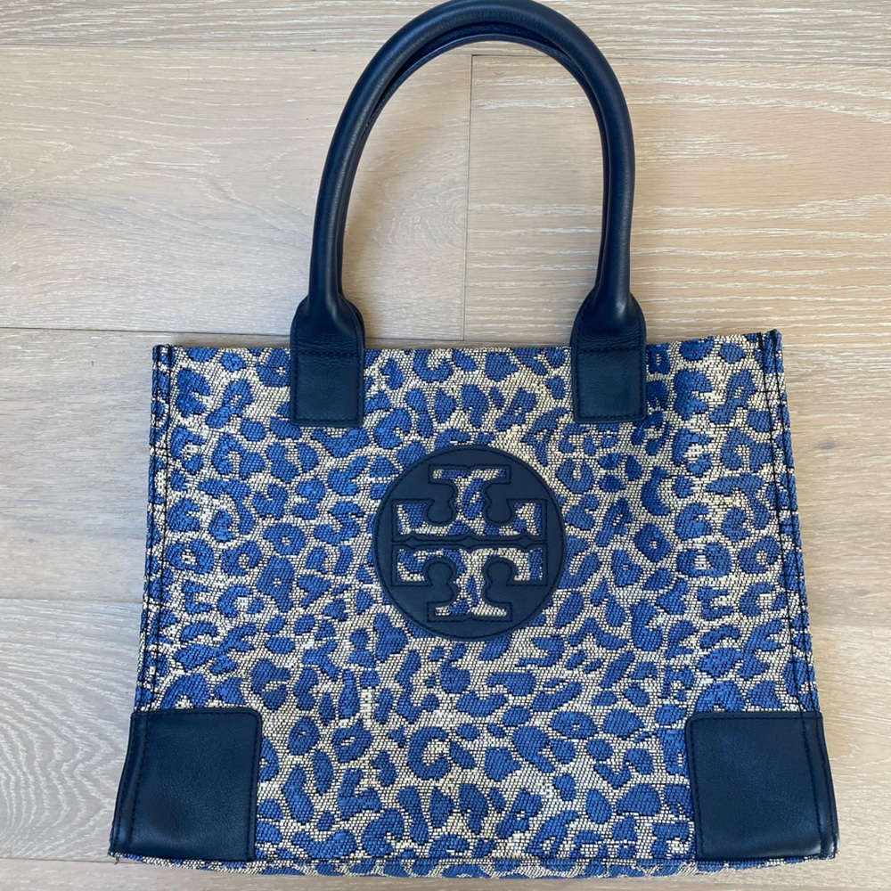 Tory Burch Ella Small Tote – Blue Leopard Jacquard Canvas
